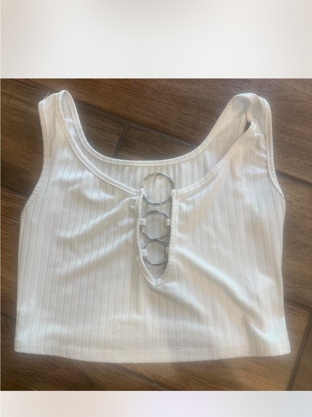 White Ribbed Crop Tank with Ring Front Detail
